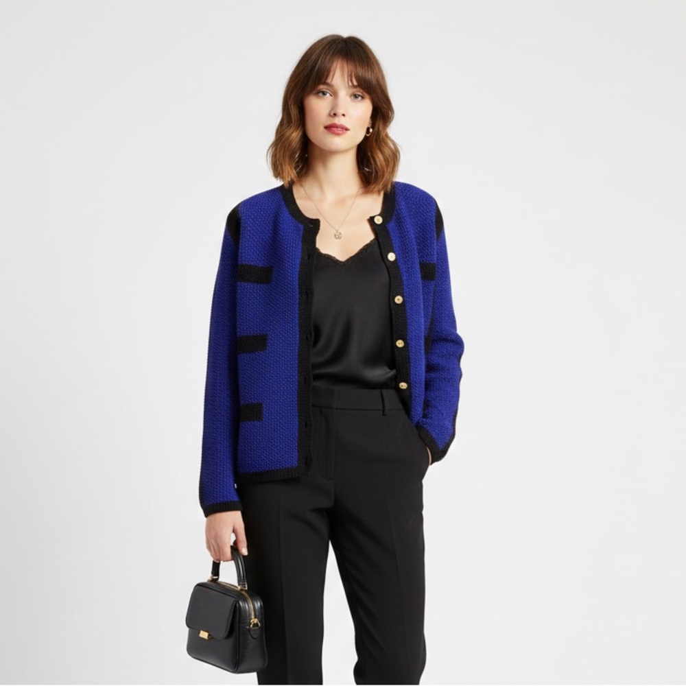 100% Wool Chanel Style Cardigan Jacket Blue Chic South Wool Sweater M